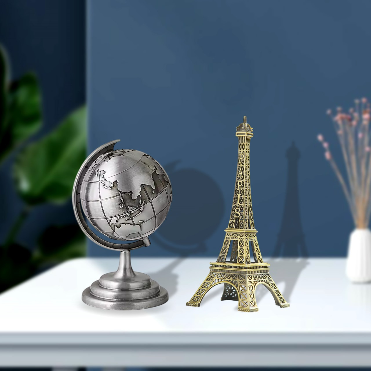 World Map 3D Rotating Glove Decoration Gift-Silver & Eiffel Tower Metal Showpiece Decoration Gift